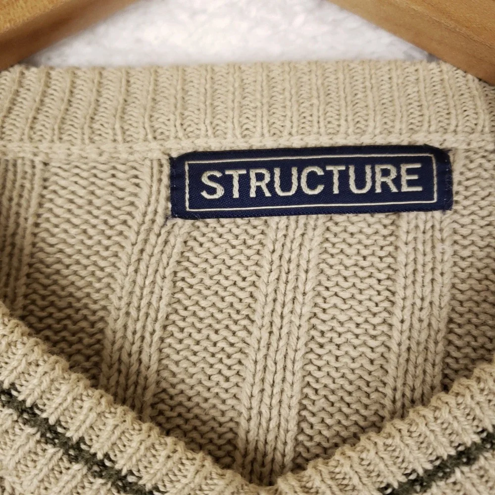 VTG Structure Sweater Mens Small Tan Beige V-Neck Ribbed Knit Ramie Cotton 90s